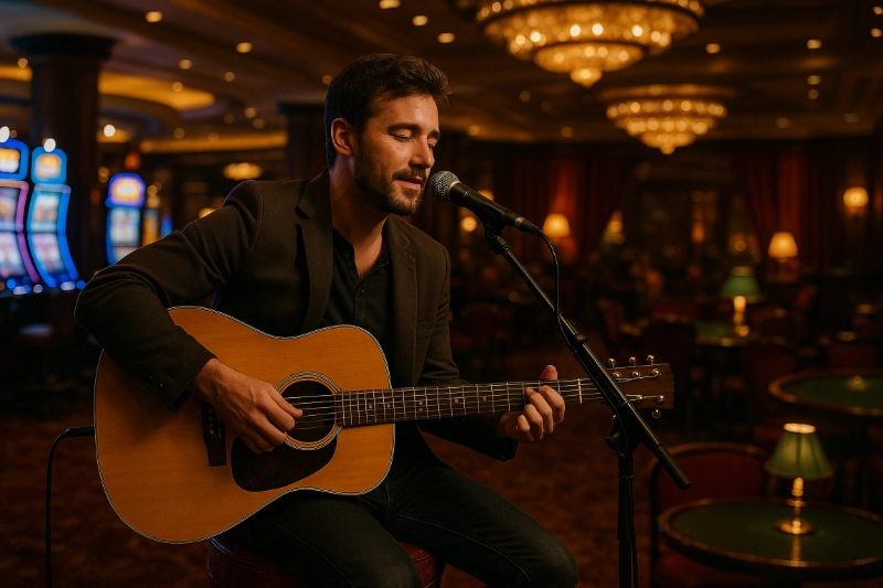 Acoustic musician performing in an intimate casino lounge setting