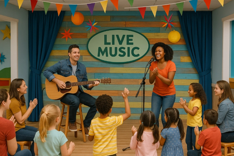 Family-friendly entertainment venue with children enjoying music performance