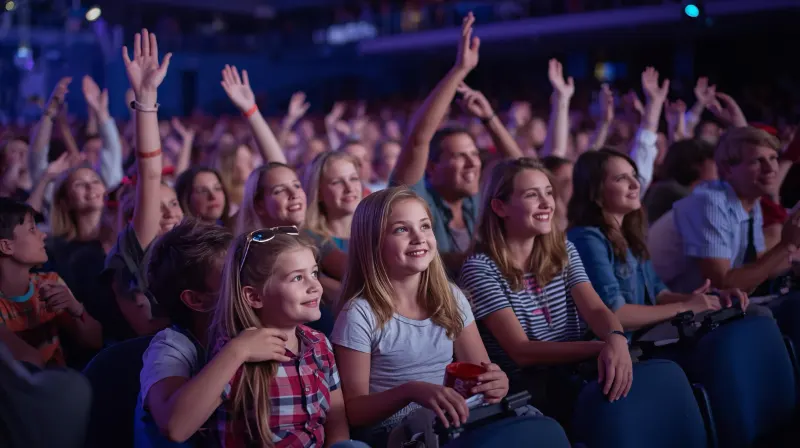 Family-friendly concert venue with children and parents enjoying live music performance together