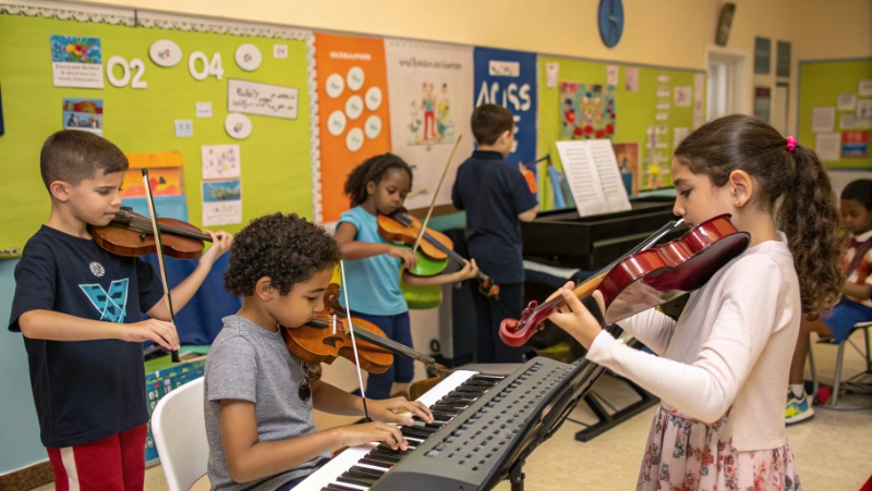 Children learning music with instruments in educational setting