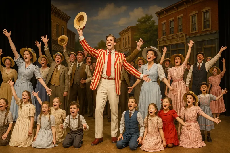 The Music Man theatrical production with full cast in period costumes performing on community theater stage