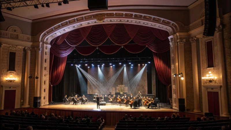 Classic musical theater stage with orchestra pit and theatrical lighting